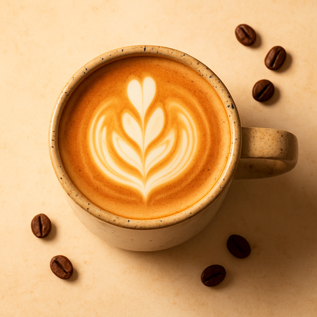 Un latte de leche de castaña con arte latte en taza de cerámica
